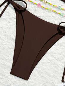Swim Vcay Bộ bikini dây đeo màu trơn dành cho nữ & Bộ bikini gợi cảm dưới đáy bơi, có dây thắt lưng và dây thắt lưng có thể tháo rời (Màu ngẫu nhiên), 3 chiếc, Bộ đồ tắm đi biển mùa hè - Cà phê nâu - Xem 4