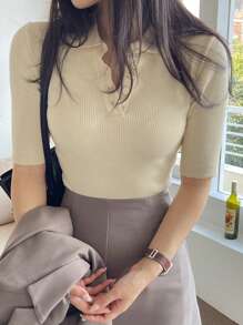 DAZY Women Half-Placket Polo Neck Knit Sweater With 3/4 Sleeves - Apricot - View 7