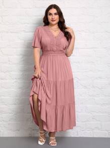 SHEIN VCAY Plus Size Summer Elegant Solid Color Lace Splicing High Waist Dress,Beach Dress Sundress,Holiday Outfits Boho - Dusty Pink - View 5