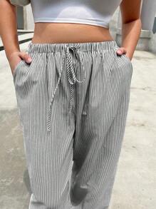 SHEIN EZwear Women's Plus Size Loose Fit Casual Navy & White Vertical Striped Long Pants For Summer