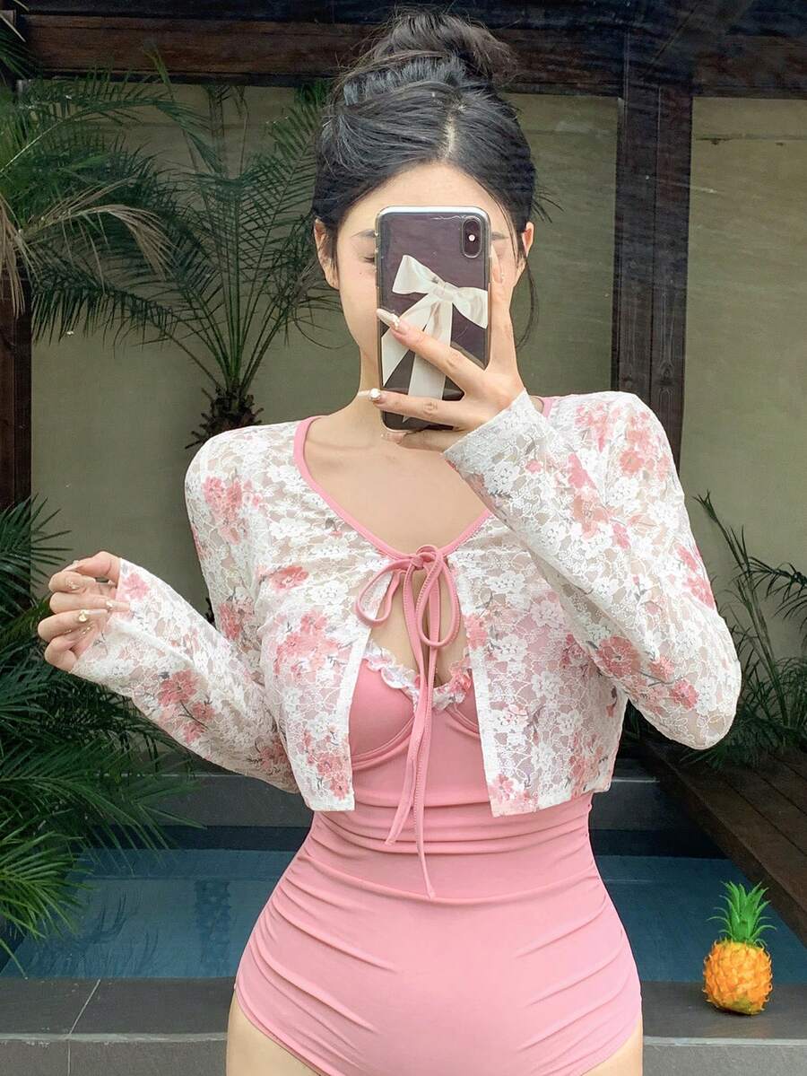 DAZY Áo kimono ren ngắn dành cho nữ với họa tiết hoa cho kỳ nghỉ ở bãi biển/hồ bơi - Nhiều màu - Xem 1