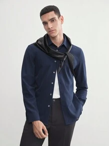 AKNOTIC Business Casual Áo sơ mi công sở dài tay màu trơn đơn giản dành cho nam Easy Care cho mùa hè - Màu xanh hải quân - Xem 4