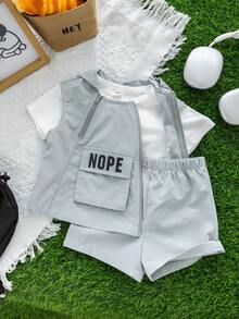 SHEIN 夏季寶寶男女通用時尚可愛連帽背心、T恤和短褲3件套裝 - 彩色 - 查看 4