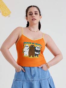 We Bare Bears X SHEIN Plus Size Fashionable And Versatile Casual Summer Ringer Cami Top With Bear And Letter Print, High Elasticity - Orange - View 3