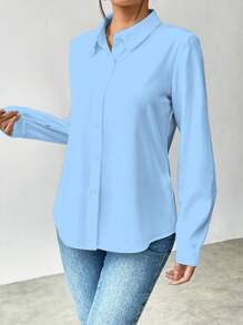 Selianne Casual Solid Color Long Sleeve Regular Shoulder Shirt,Long Sleeve Tops Fall Cloth For Women - Baby Blue - View 7