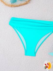 SHEIN Swim 夏季海滩纯色褶皱比基尼泳裤，度假泳装 - 藍色 - 查看 7