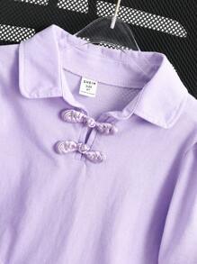 小少女棉袄袖Polo領T恤和褶皺裙套裝休閒服裝