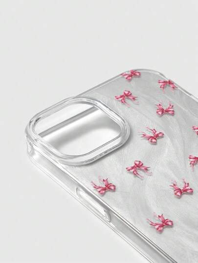 Kawaii Coque de téléphone imprimée avec nœud papillon et dessin, coque de téléphone argentée texturée haut de gamme.
