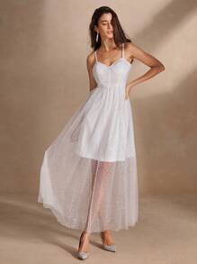 Anewsta Vestido romántico para mujer tipo mermaid entallado con adornos de malla y lentejuelas - Blanco - Ver 4