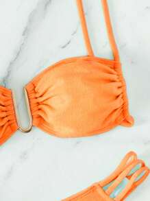 SHEIN Swim 女士實色褶皺U型金屬連接性感比基尼套裝泳裝，適用於度假、夏季沙灘 - 橘色 - 查看 3