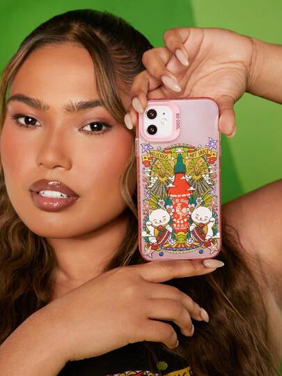 Sober Artwerk SHEIN X Sriracha by Huy Fong Foods Funda de teléfono transparente con diseño creativo de gato de salsa picante de plata y rosa, protección antideslizante, compatible con Apple, ideal para vacaciones