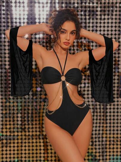 Swim EVENT Traje de baño de una pieza con decoración de cadena y calado para mujer, ideal para la playa y el verano