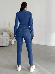 RueChic Zip Up Flap Pocket Denim Jumpsuit - Blue - View 2