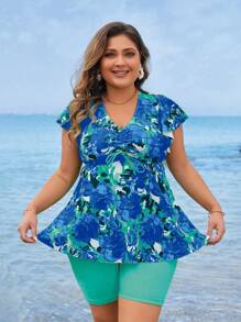 Swim Lushoire Plus Size Summer Beach Floral Print Drawstring Top And Solid Color Square Shorts Tankini Swimwear Set - Multicolor - View 3