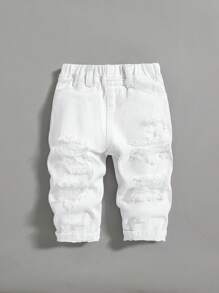 SHEIN Baby Boy Summer Casual Cut Out Ripped Denim Baggy Soft Denim Jeans Pants,Baby Boys Summer Clothes Outfits - White - View 1