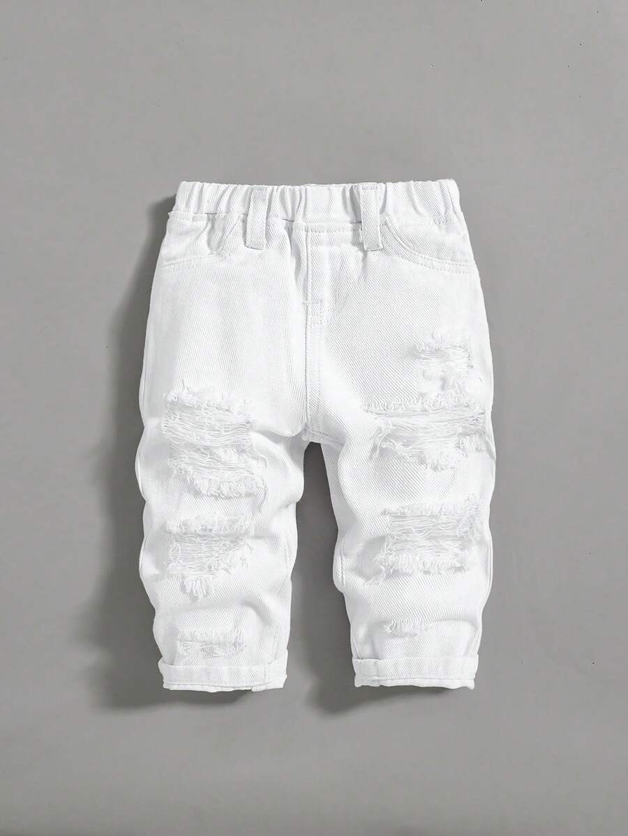 SHEIN Baby Boy Summer Casual Cut Out Ripped Denim Baggy Soft Denim Jeans Pants,Baby Boys Summer Clothes Outfits - White - View 1
