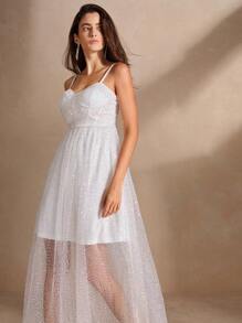 Anewsta Vestido romántico para mujer tipo mermaid entallado con adornos de malla y lentejuelas - Blanco - Ver 2