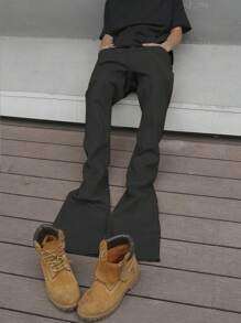 Manfinity EMRG 男士休閒實色百褶喇叭牛仔褲 - 黑色 - 查看 4