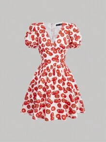 SHEIN MOD Red And White Colorblocked Tomato-Shaped Puff Sleeve V-Neck Skater Dress, Crop Length, For Spring And Summer - Multicolor - View 2
