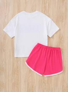 SHEIN Tween Girl Casual Knitted Round Neck Short-Sleeved T-Shirt With Letter Print And Color Block Shorts Set, Daily Wear