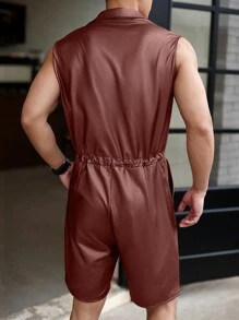 Manfinity Homme 男式純色無袖連身褲，帶拉鍊、打結腰帶和口袋，適合夏季 - 酒紅色 - 查看 2