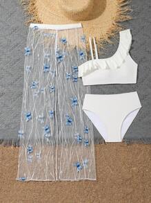 Tween Girl Swimwear Set, Split Beach Cute Bikini Set, Holiday Bikini Set Skirt Summer Beach - White - View 5