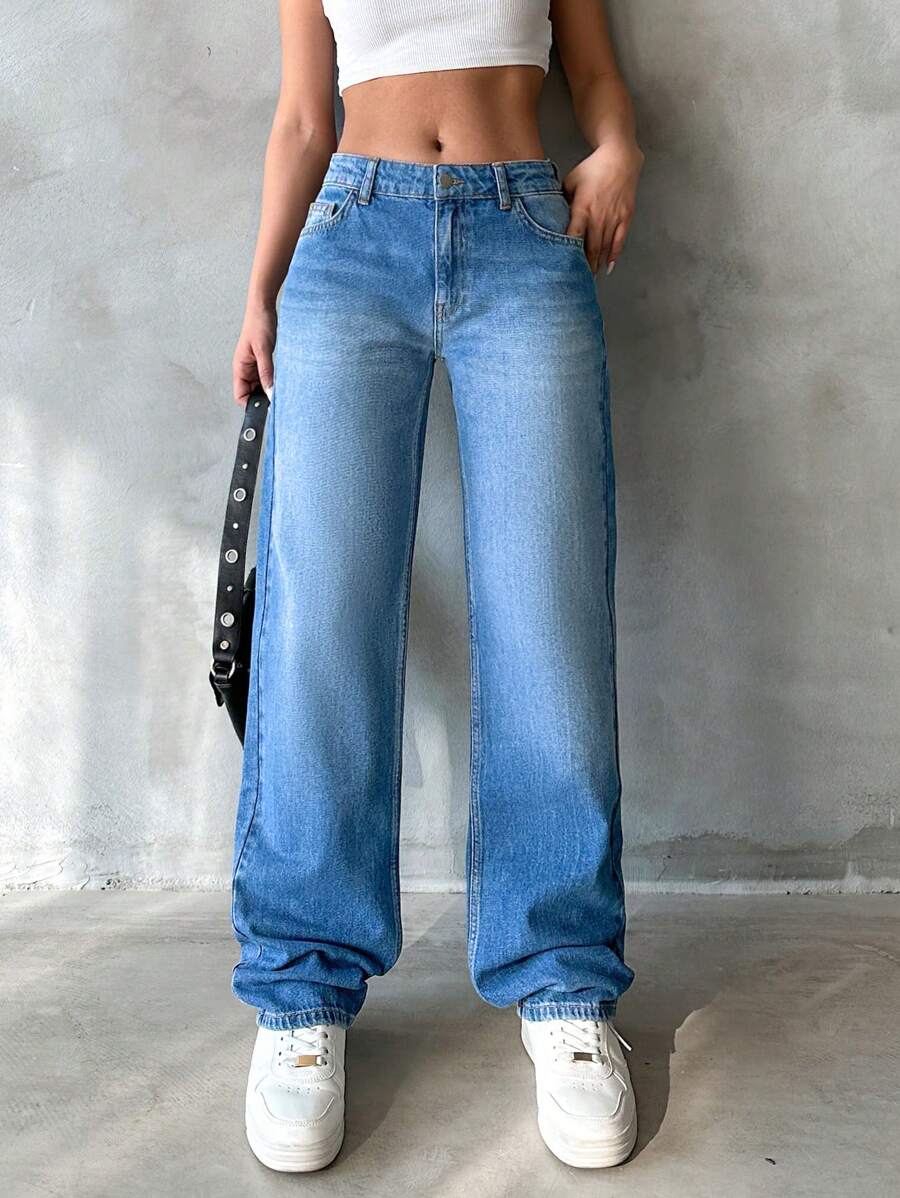 SHEIN Cottnline 休闲斜口袋直筒牛仔裤 - 淺色水洗藍 - 查看 1