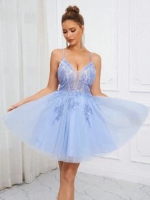 SHEIN Belle Elegant, Romantic And Cute Light Blue Spaghetti Strap Dress Featuring Deep V-Neck, Flowing Powder Mesh Contrast, 3D Glitter Design, High Waist A-Line Silhouette, Full Of Volume Umbrella Hem, Puff Princess And Ballet Style. Perfect For Music Festivals, Beach Vacations, Back-To-School Season, Graduation Season, Dances, Weddings, Receptions, Single Parties, Afternoon Tea, Dates, Gatherings, And Cocktail Parties Prom Semi Formal Wedding Guest Dress, For Birthday, Homecoming