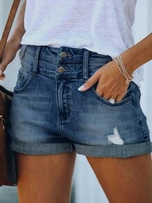 Women 2-Button Basic Pocket Denim Shorts - Dark Wash - View 3