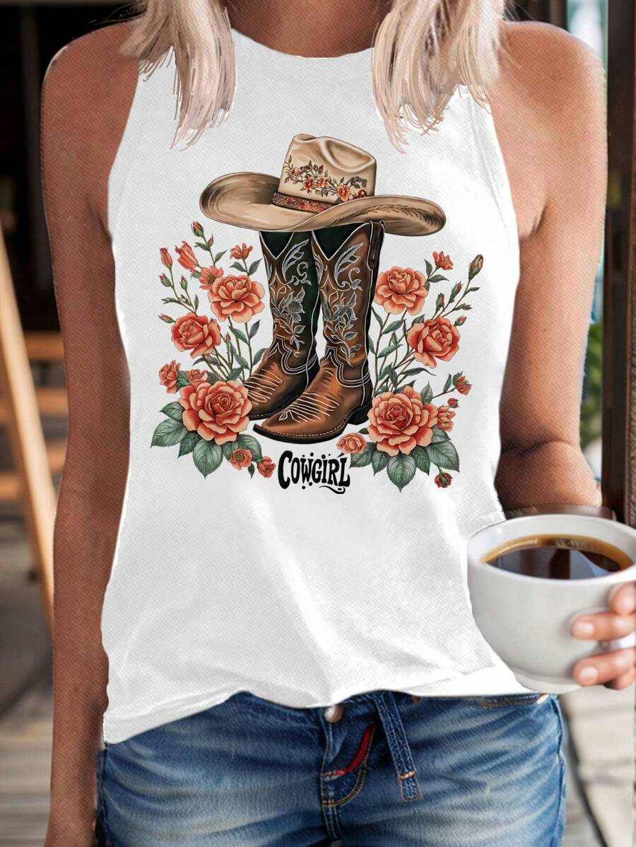 EMERY ROSE 休闲简约西式靴子、宽松玫瑰帽和无袖圆领背心，适合女士夏季