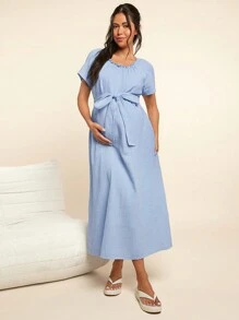 SHEIN Maternity Linen Round Neck A-Line Dress With Flared Sleeves, Loose Woven Solid Color Pregnancy Dress For Home