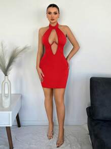 SHEIN SXY 深V領聚攏修身連衣裙配露背領口，性感派對/生日/單身派對/晚會/約會春夏女裝，黑色晚禮服。 - 紅色 - 查看 7