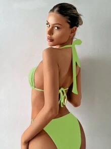 SHEIN Swim Conjunto de bikini de unicolor para mujer con conexión circular, cinta para el cuello y diseño halter sexy, para vacaciones en la playa