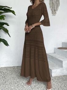 Vestido de punto midi con cuello en V impreso, manga larga y calado para mujer, primavera y verano (patrón aleatorio)