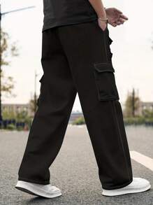 Pantalones informales de unicolor con múltiples bolsillos para hombres de moda - Negro - Ver 2