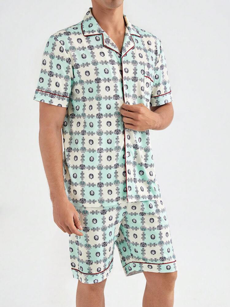 Men's Color-Block Edges Print Single-Breasted Casual Short-Sleeve Top And Shorts Homewear Set, Summer