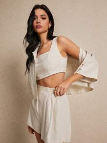 SHEIN Frenchy 3pcs Set Comfy Texture, Short Sleeve Shirt And Shorts Set, With Cropped Tank, Summer Vacation Season, Comfy, Boho, Beach Women Outfits, Swimwear Cover Up, Fashion, Elegant, Leisure, Simple Daily, Cottagecore, Solid Color, Holidayleisure, Modest, Bachelorette, Summer Top, Suitable For Vacation Casual