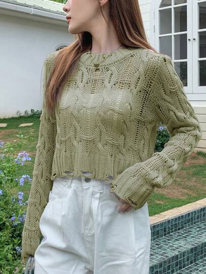 DAZY 女士纯色圆领休闲套头长袖毛衣夏季、秋季服装