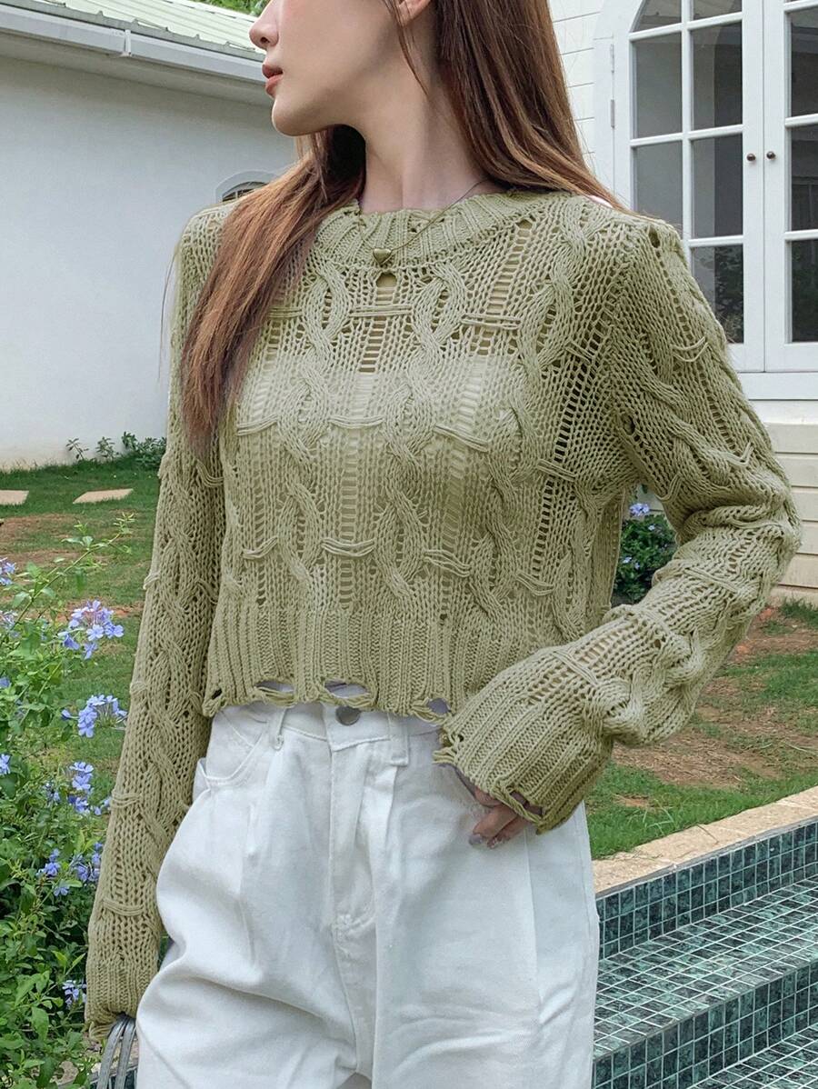 DAZY 女款素色圓領休閒套頭長袖毛衣 夏季秋季海灘穿搭 - 綠色 - 查看 1
