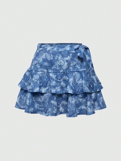 Fairycore Women's Vacation Style Ruffle Hem Conch, Starfish, Jellyfish, Mermaid Printed Mini Skirt