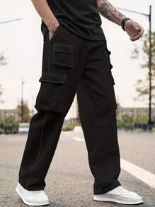 Pantalones informales de unicolor con múltiples bolsillos para hombres de moda - Negro - Ver 1