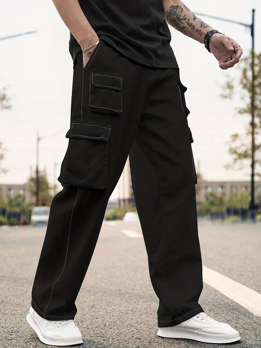 Pantalones informales de unicolor con múltiples bolsillos para hombres de moda - Negro - Ver 1