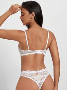 Floral Lace Underwire Lingerie Set, Bra & Panty Set - White - View 2