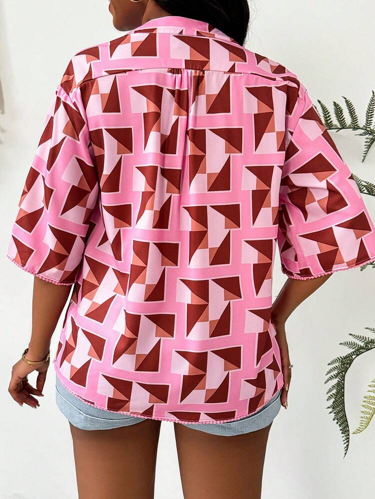 Women's Summer Holiday Geometric Print Notched V-Neck Patchwork Woven Shirt