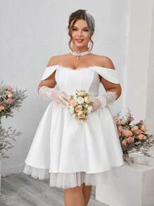 SHEIN Belle Plus Size Women's Lace Strapless Cute Puffy Short Wedding Dress - White - View 1