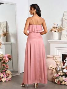 SHEIN Belle Váy phù dâu dự tiệc xù lông màu trơn thông thường - Bụi hồng - Xem 2
