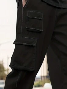 Pantalones informales de unicolor con múltiples bolsillos para hombres de moda - Negro - Ver 3