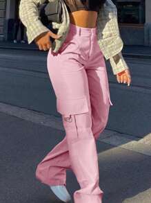 女式纯色休闲工装裤 - 粉色 - 查看 5