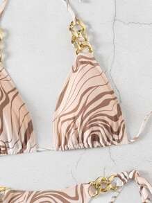 SHEIN Swim Ensemble de bikini imprimé zèbre avec connecteur en chaîne métallique et bretelles à encolure bateauPour femmes en vacances d'été - Multicolore - Voir 6