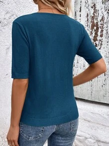 SHEIN Clasi 女士純色簡約款V領常規毛衣，適合日常穿著 - 水鴨藍 - 查看 2